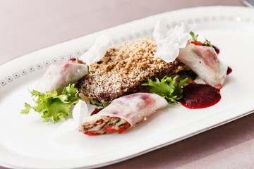meat with spring rolls
