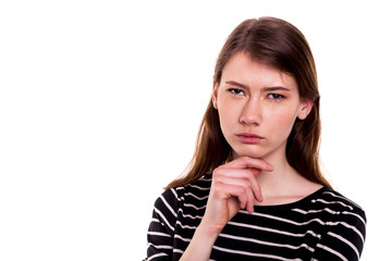 Young woman thinking hand on chin isolated Stock Image