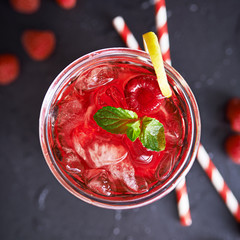 iced raspberry cocktail with lemon and mint shot top down
