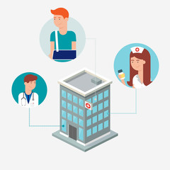 Vector illustration of hospital with people inside