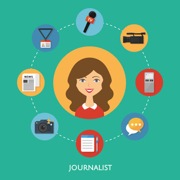 Journalist, character illustration, icons. Vector flat style