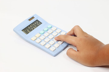 Hand with calculator isolated on white background.