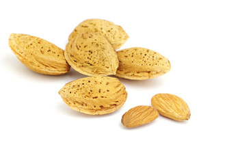 Almonds peeled and in-shell, on white, shallow DOF. 