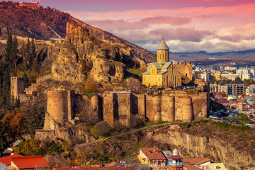 Beautiful panoramic view of Tbilisi at sunset, Georgia country - obrazy, fototapety, plakaty