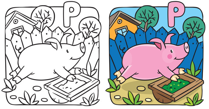 Little pig coloring book. Alphabet P