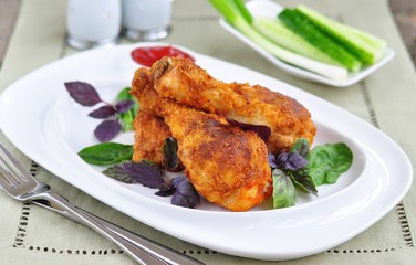 Crisp crunchy golden chicken legs with basil and tomato sauce