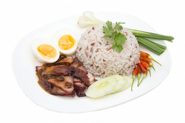 rice with roasted red pork and egg on white background