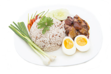 rice with roasted red pork and egg on white background