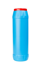 Blue plastic bottle of cleaning detergent powder