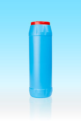 Blue plastic bottle of cleaning detergent powder