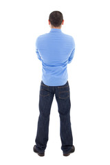 back view of arabic business man in blue shirt isolated on white