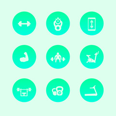 Gym, fitness, workout, training, biceps trendy round icons