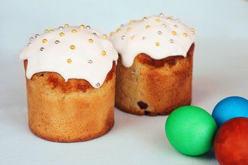 Easter Cake and Painted Eggs on table