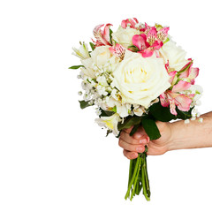 Gives man bridal bouquet of flowers white roses isolated.