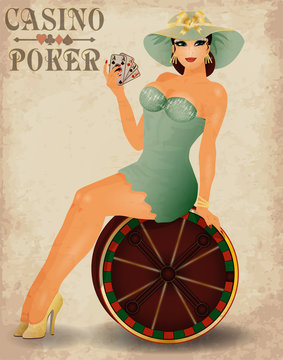 Casino poker beautiful pin up girl, vector illustration