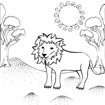 Cute lion cartoon walking near the tree. Vector illustration.