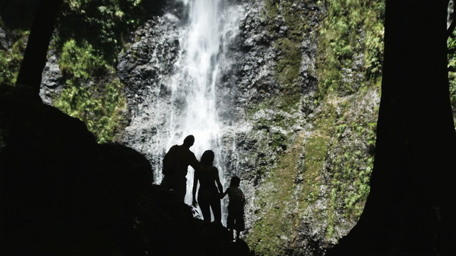 family looking at a waterfall