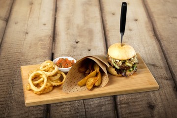 Burger, chicken, food.