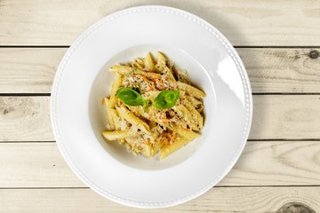 Basil. Pasta. Penne Pasta with Bolognese Sauce, Parmesan Cheese