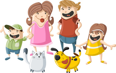 Colorful cute happy cartoon family with pets