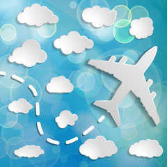 paper airplane with clouds on a blue air background.  Blue sky t