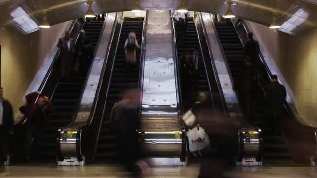 Time Lapse Wide Shot Of People On Escalators At Grand Central Station / New York City, New York, United States