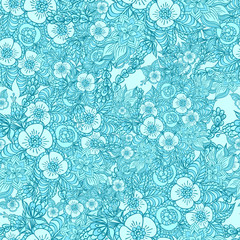 Seamless pattern with doodle spring flowers in blue
