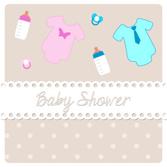 baby shower card, objects and clothing for a little boy or girl