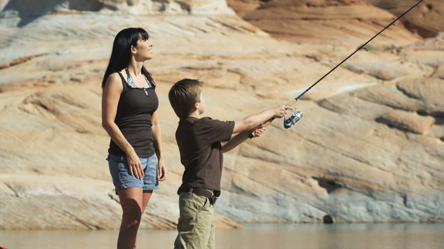 mother and son fishing