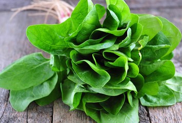 Fresh harvested spinach, on a old wooden table