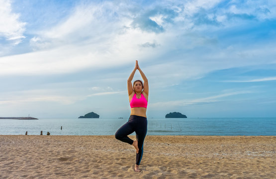 Fat Thai Woman Poses A Standing Asana Yoga Or Vriksasana