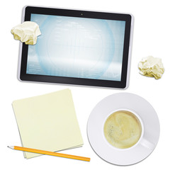 Tablet and coffee with crumpled paper, top view