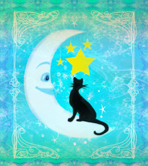 cat sitting on the moon - abstract card