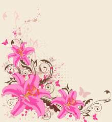 Fototapeta na wymiar Pink lily and butterflies