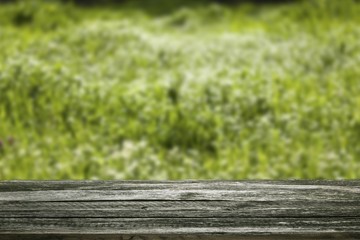 Fototapeta premium Picnic. Place for object on wooden table for picnic on spring