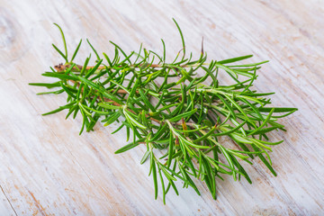 Branch of fresh rosemary on a white wooden