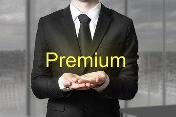 businessman in suit serving gesture hands open premium