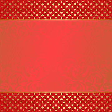 red background with vintage ornaments and golden stars