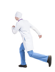 Back view of running doctor in a robe hurrying to help the patie