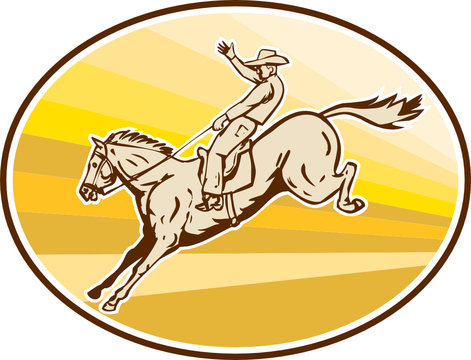 Rodeo Cowboy Riding Horse Oval Retro