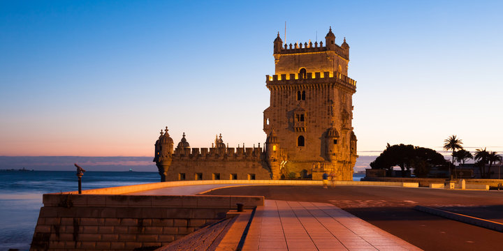 Belem tower - Torre de Belem at night in Lisbon, Portugal