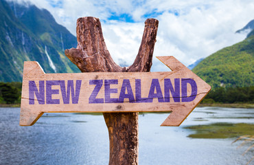 New Zealand wooden sign with mountains background