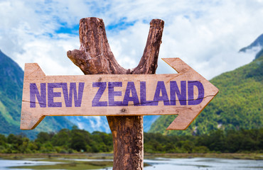 New Zealand wooden sign with mountains background