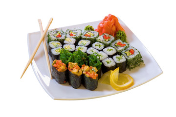 Sushi rolls on a plate, wite background