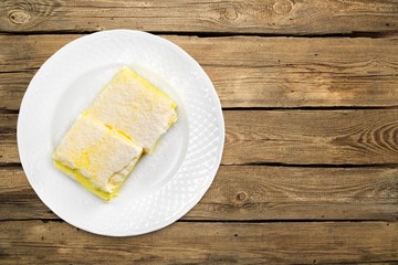 Dessert. Healthy Layered Orange Cake: Syrup Soaked Sponge