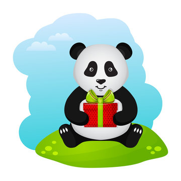 Panda with gift. Vector illustration.