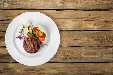 Steak. Grilled Beef Steak Meat with Fried Potato, Asparagus and