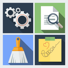 Set of vector icons flat with gears, a magnifying glass