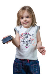 confused little girl with a phone in hand