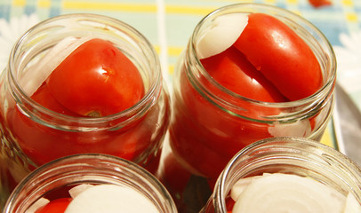 Tasty Tomatoes With Onion Canned In Glass Jars